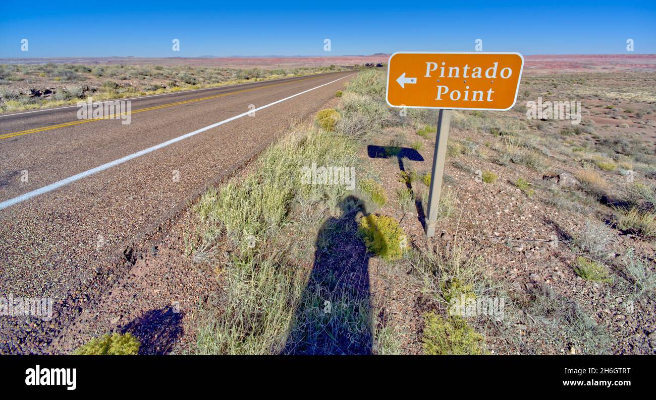 Roadsign pointing the way to Pintado Point in Petrified Forest National Park Arizona. Stock Photo
