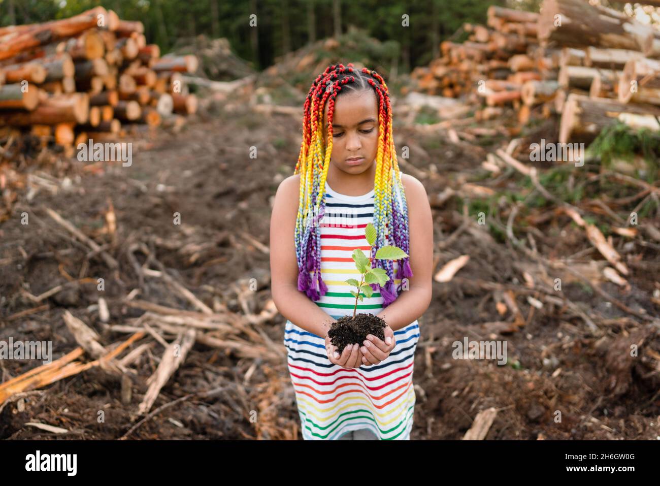 Young mixed race girl with rainbow box braids stands on logging site
