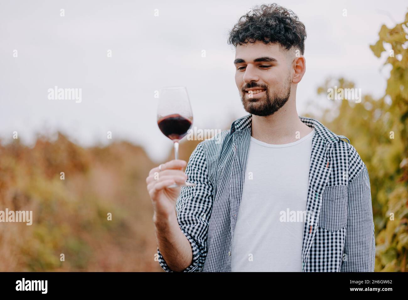 Close-up portrait of a man with a glass of red wine. Winery harvesting and organic production of wine. Stock Photo