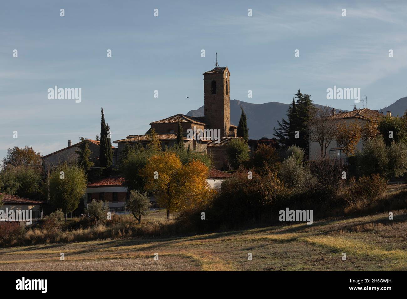 Autumnal skyline of the small town of Bailo, with its tower of the ...