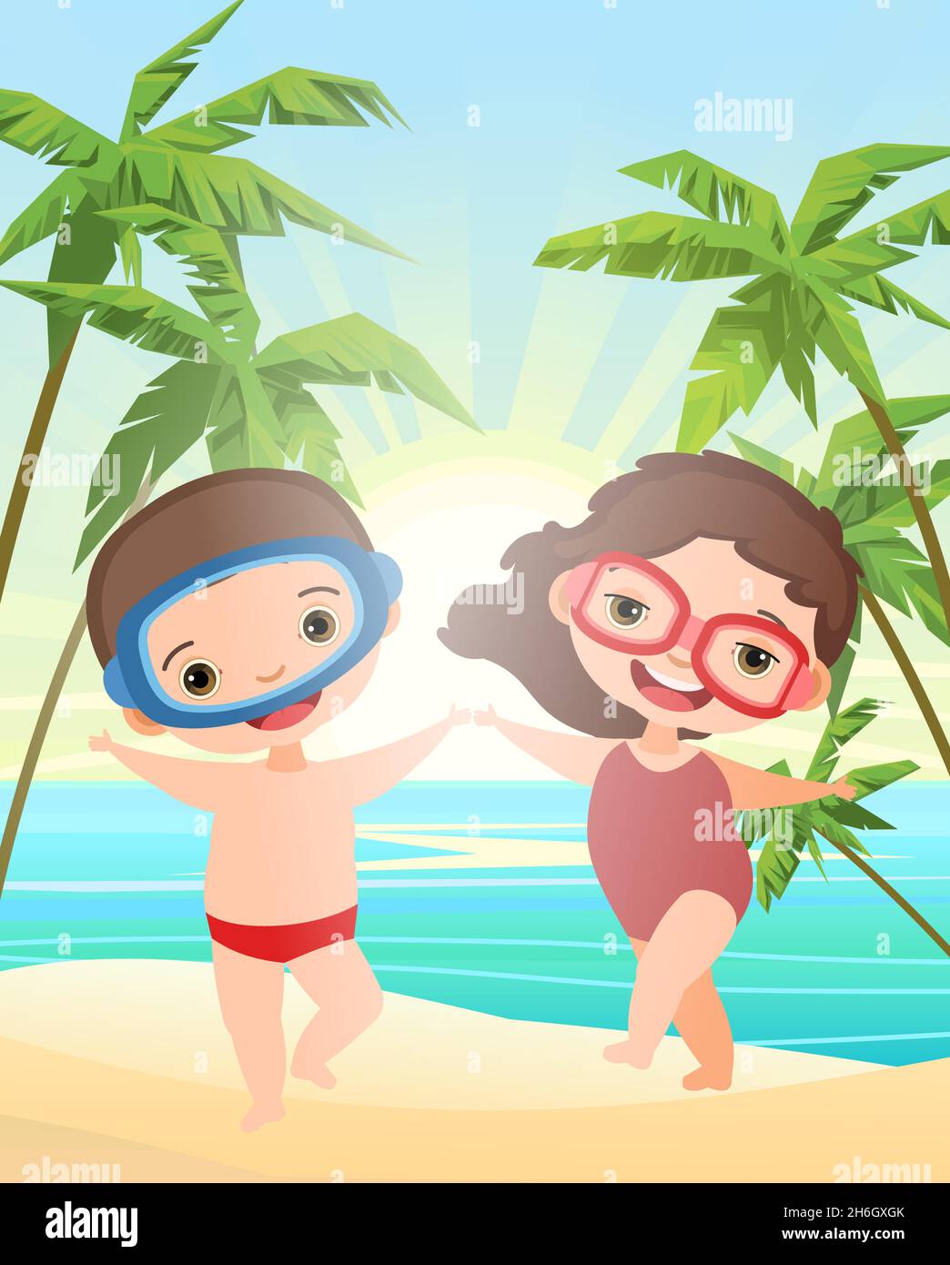 Child beach. Sandy seashore. Sea landscape. Boy and girl in swimsuits and diver masks. Tropical palms. Cartoon style. Vector. Stock Vector