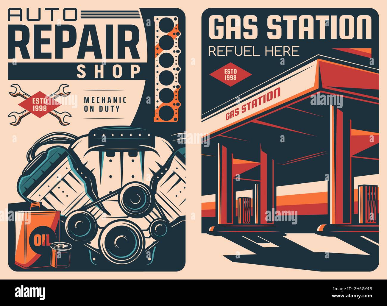 Gas station and car repair retro posters. Auto mechanic workshop, repair  garage station and spare parts store vector vintage banner with car engine  ga Stock Vector Image & Art - Alamy