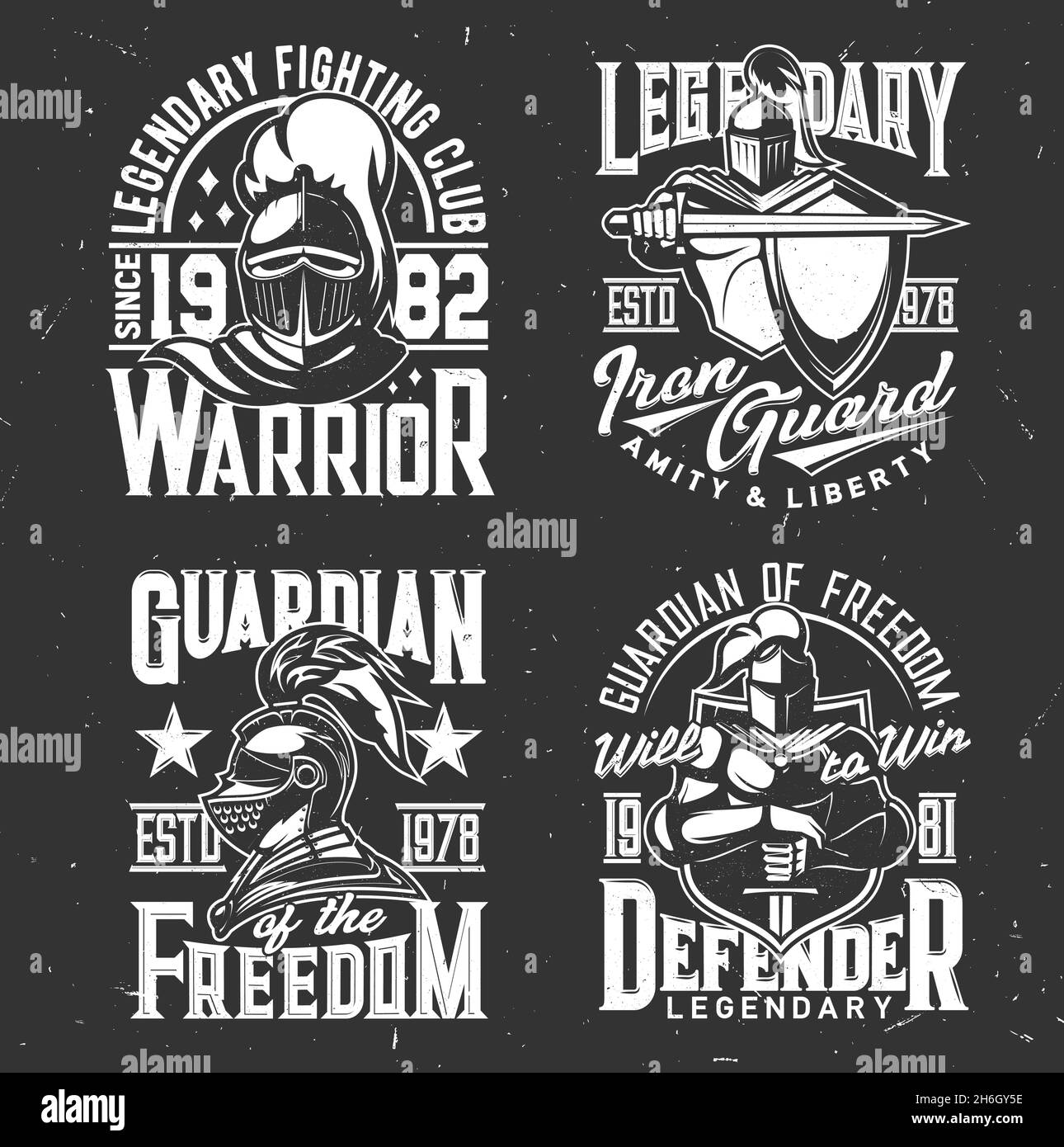 Knight warrior heraldic shields and t-shirt prints, vector fight club emblems. Medieval knight warrior or royal guardian in armor helmet with sword, l Stock Vector