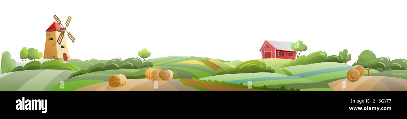 Summer farm landscape. Isolated on white background. Garden and rolling hills. Rural scenery. Fields, windmill and barn. Cute funny cartoon design Stock Vector