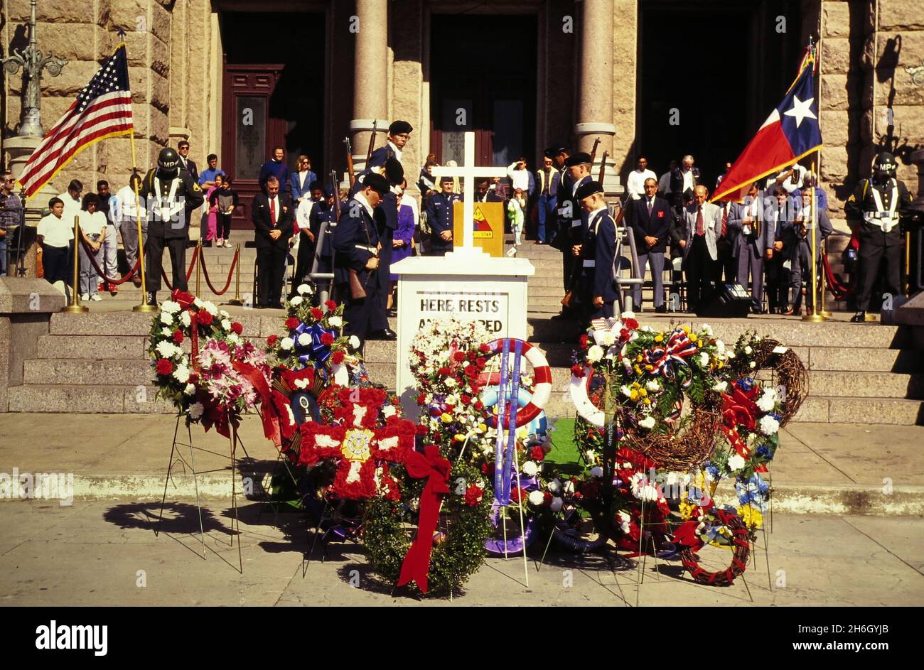 Austin Texas USA, Nov. 11 1995: Funeral wreaths commemorating military veterans who have died sit in front of the Texas Capitol during a Veterans Day ceremony. ©Bob Daemmrich Stock Photo