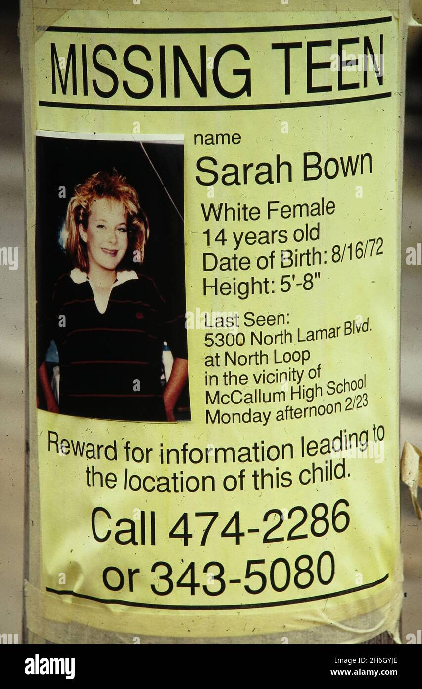 Austin Texas USA, 1986: Poster advertising a missing teenager. 2021 update, the woman is still alive and living in Texas. ©Bob Daemmrich Stock Photo