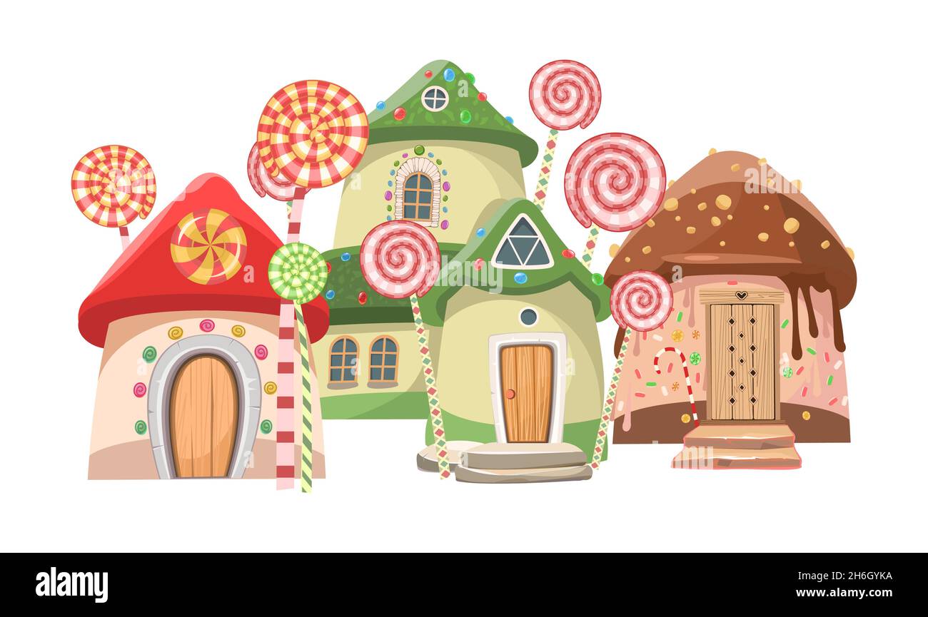 Sweet home isolated on white background. Caramel fairy house. Illustration in cartoon style flat design. Picture for children. Vector Stock Vector