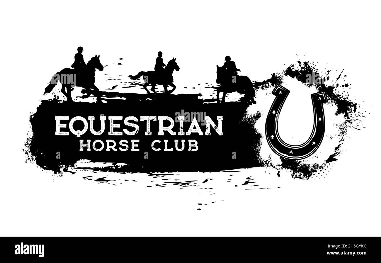 Equestrian sport club grunge banner, horse riding and racing, vector horseshoe emblem. Jockey polo sport, equine ride and races, stable or hippodrome Stock Vector