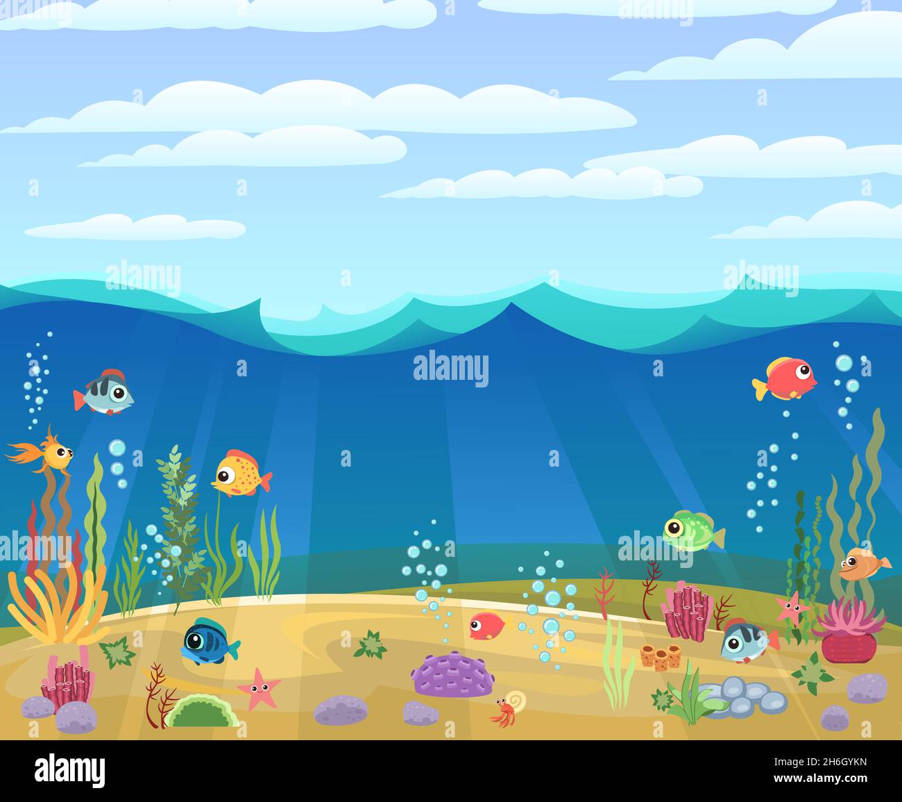 Bottom of reservoir with fish. Blue water and sky. Sea ocean. Underwater landscape with animals. plants, algae and corals. Cartoon style illusteration Stock Vector