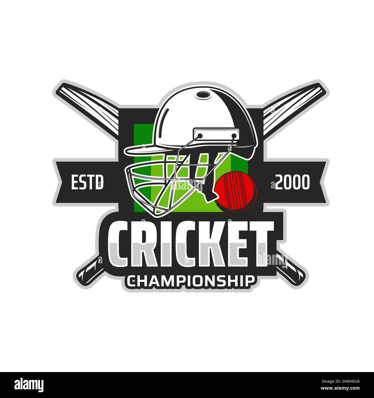 Cricket sport icon with player protective helmet, two crossed bats and ball, cricket pitch or stadium. Cricket teams championship, game tournament vec Stock Vector