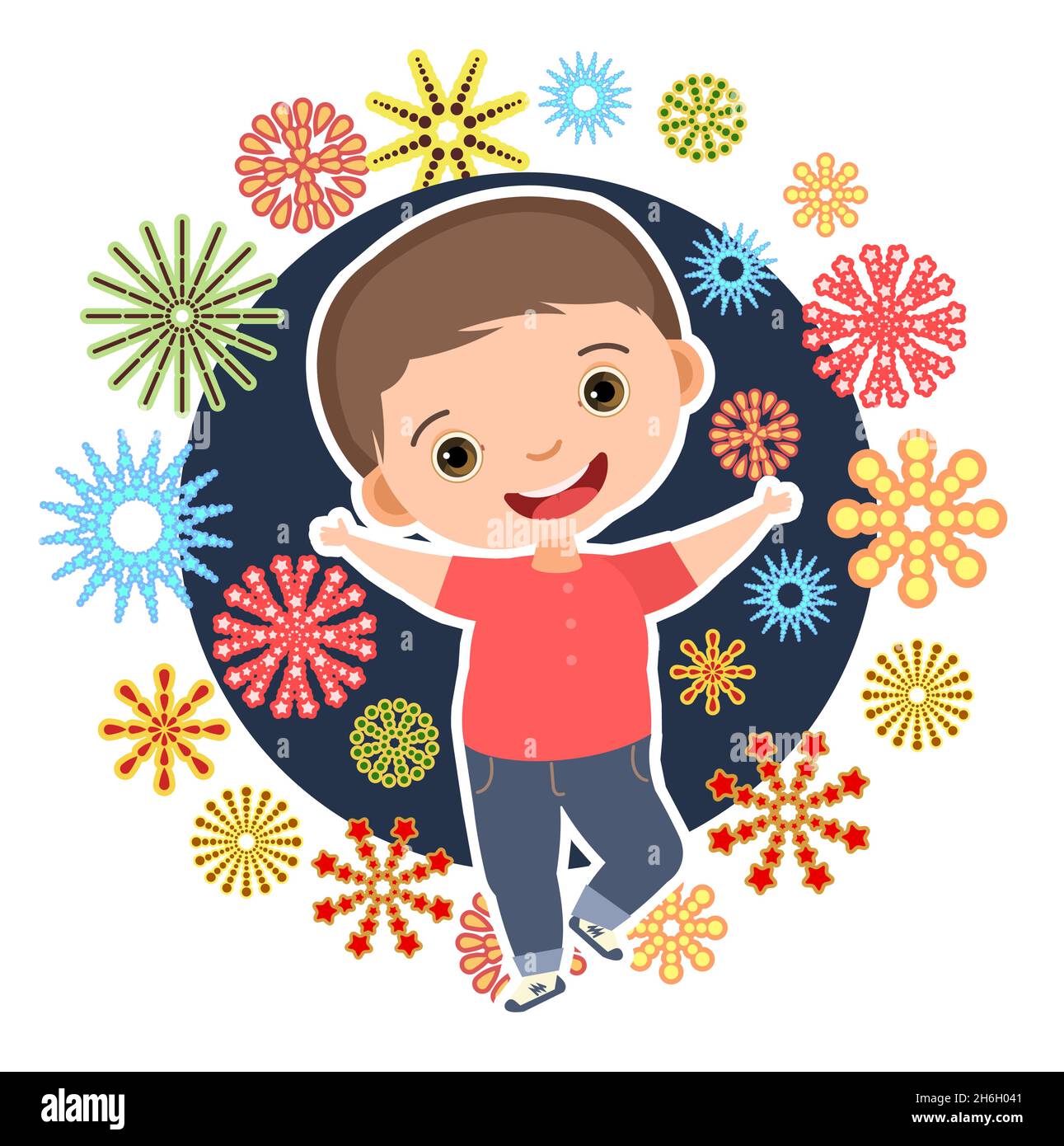 Child with salute. Little boy. In red clothes. Fireworks at birthday party. Kid is jumping for joy at party. Charming active cute character kid Stock Vector