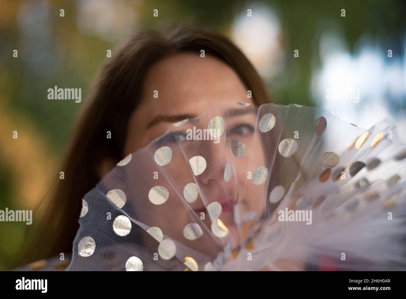 Woman with sheer netting hiding part of her face Stock Photo