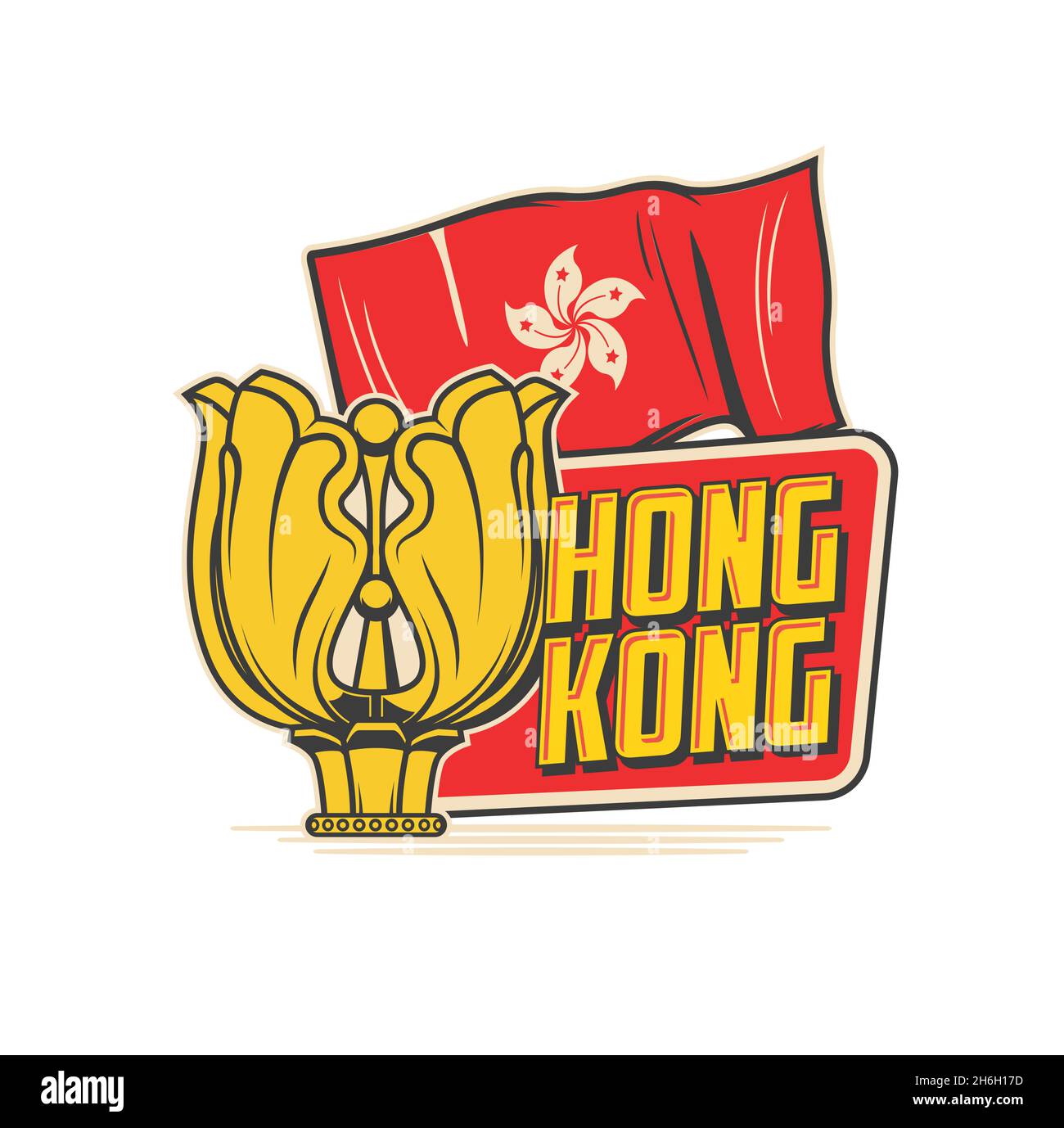 Golden bauhinia flower, Hong Kong travel vector icon with flag and