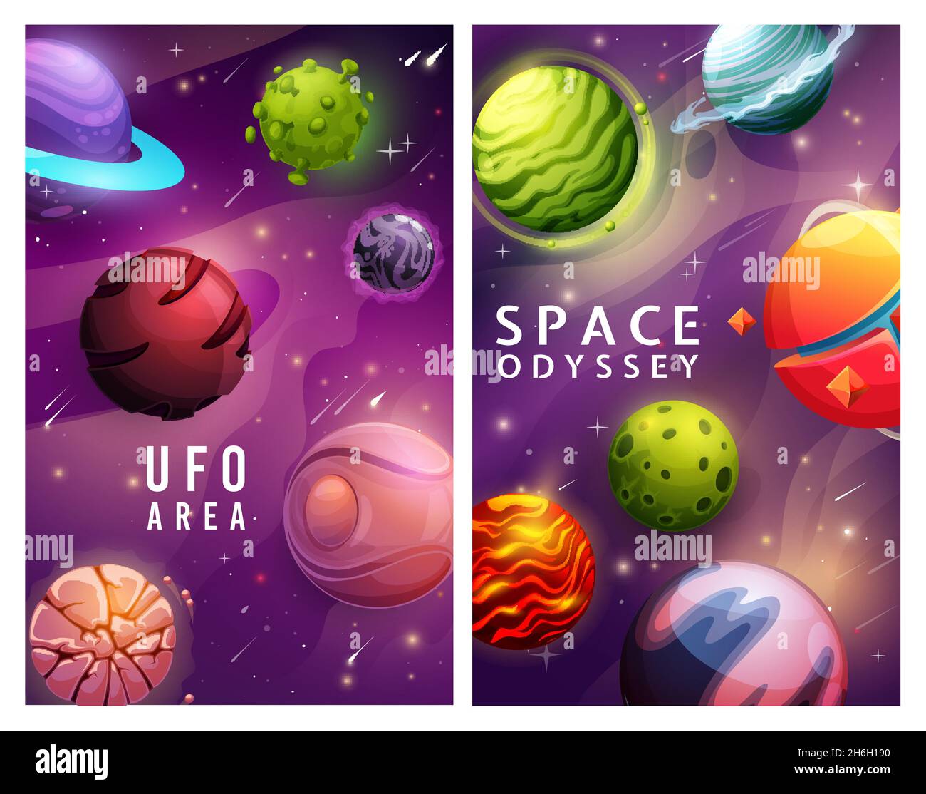 UFO area, space odyssey posters, cartoon planets, vector galaxy and fantasy game. UFO aliens spaceship rockets in universe sky, stars in cosmos and co Stock Vector