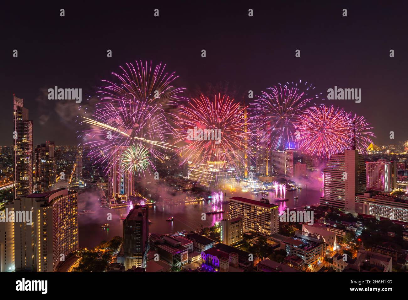 Bangkok Thailand, Fireworks countdown display celebration, Colorful New Year Firework Stock Photo