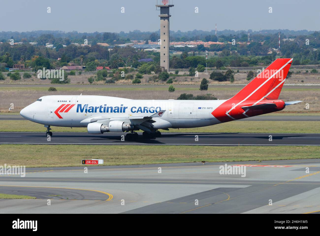 Martinair Cargo Boeing 747 Freighter departing South Africa. Cargo plane 747-400F. Martinair Cargo is a dutch cargo airline. Stock Photo