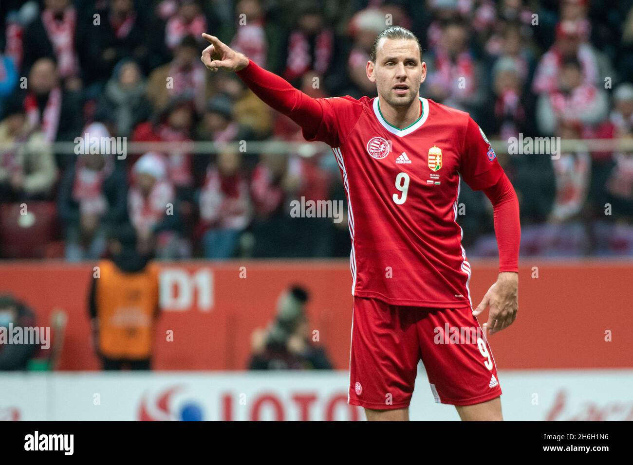 Warsaw, Poland. 16th Nov, 2021. Adam SZALAI of Hungary during the 2022 FIFA World Cup Qualifier Group I match between Poland and Hungary at PGE National Stadium in Warsaw, Poland on November 15, 2021 (Photo by Andrew SURMA/ Credit: Sipa USA/Alamy Live News Stock Photo