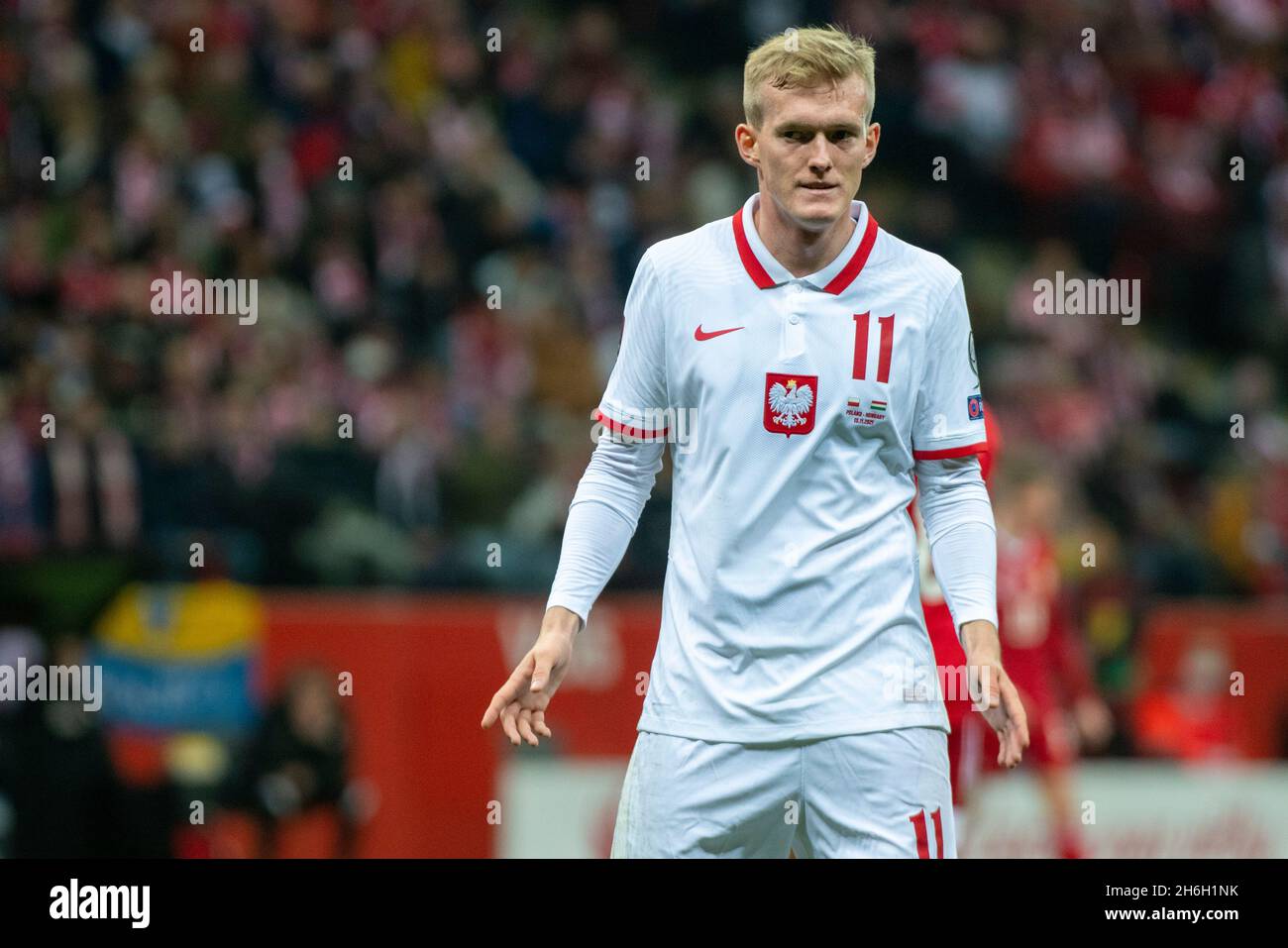 Warsaw, Poland. 16th Nov, 2021. Karol SWIDERSKI of Poland looks on during the 2022 FIFA World Cup Qualifier Group I match between Poland and Hungary at PGE National Stadium in Warsaw, Poland on November 15, 2021 (Photo by Andrew SURMA/ Credit: Sipa USA/Alamy Live News Stock Photo