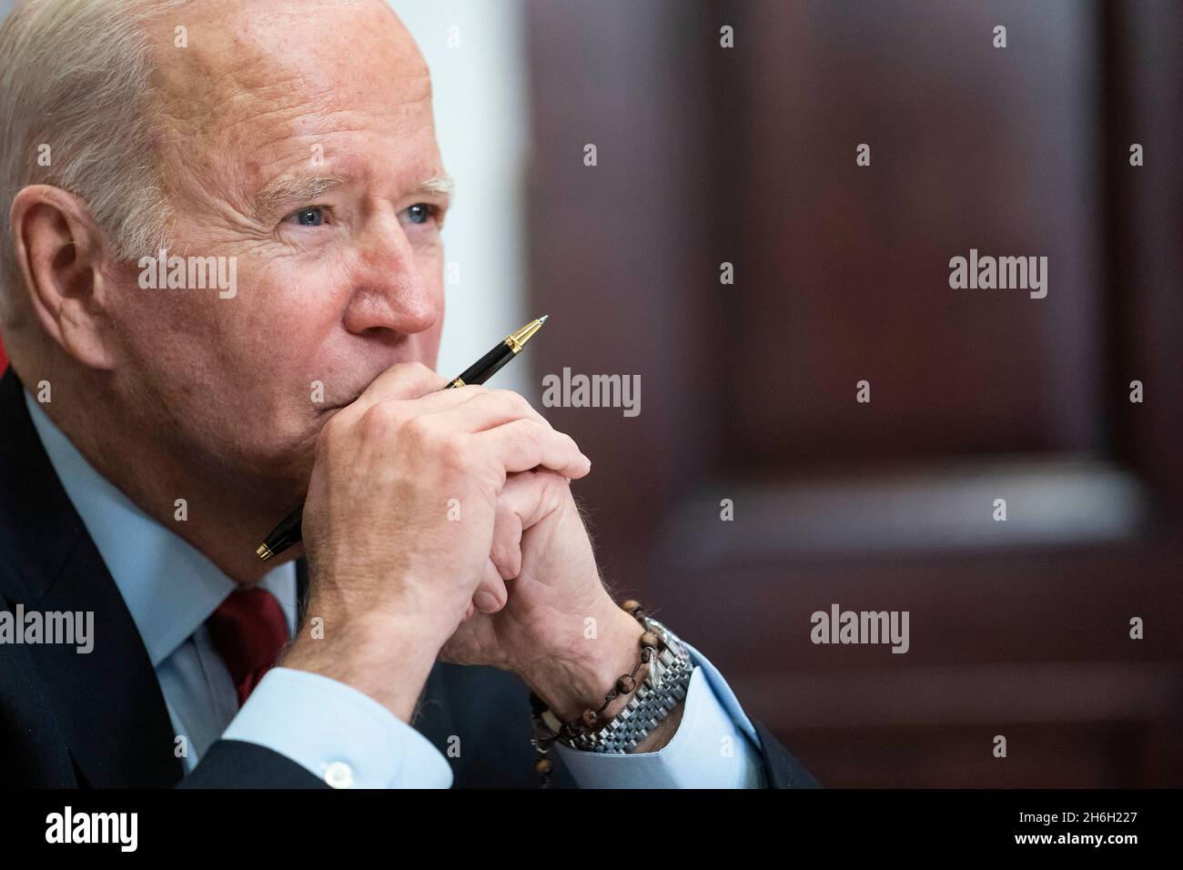 Washington, United States. 15th Nov, 2021. President Joe Biden listens during a virtual summit with Chinese President Xi Jinping in the Roosevelt Room of the White House in Washington DC on Monday, November 15, 2021. Photo by Sarah Silbiger/Pool/Sipa USA Credit: Sipa USA/Alamy Live News Stock Photo