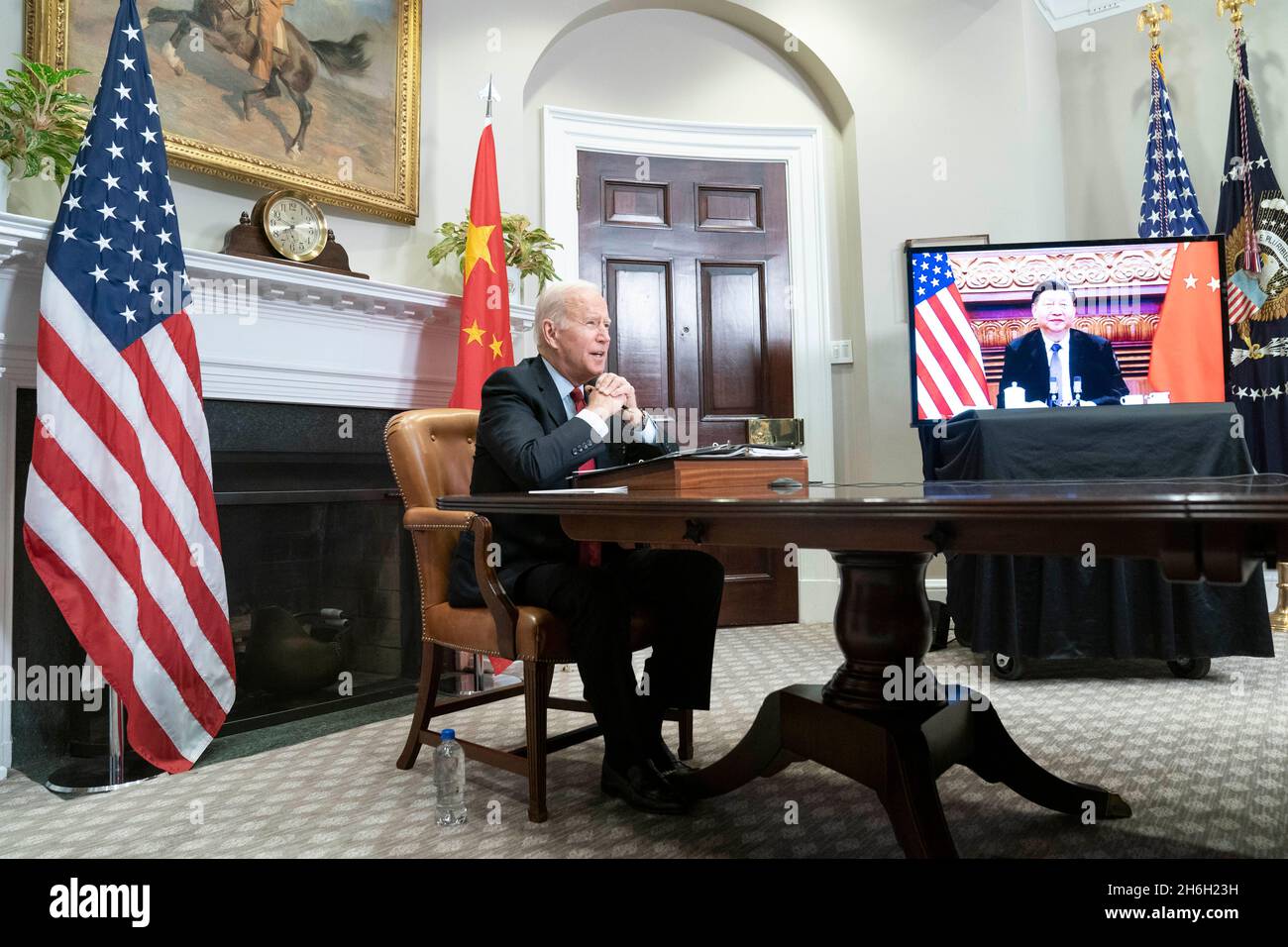 Washington, United States. 15th Nov, 2021. President Joe Biden speaks during a virtual summit with Chinese President Xi Jinping in the Roosevelt Room of the White House in Washington DC on Monday, November 15, 2021. Photo by Sarah Silbiger/Pool/Sipa USA Credit: Sipa USA/Alamy Live News Stock Photo
