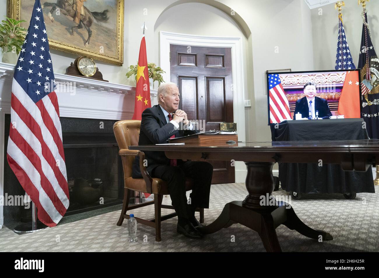 Washington, United States. 15th Nov, 2021. President Joe Biden speaks during a virtual summit with Chinese President Xi Jinping in the Roosevelt Room of the White House in Washington DC on Monday, November 15, 2021. Photo by Sarah Silbiger/UPI Credit: UPI/Alamy Live News Stock Photo