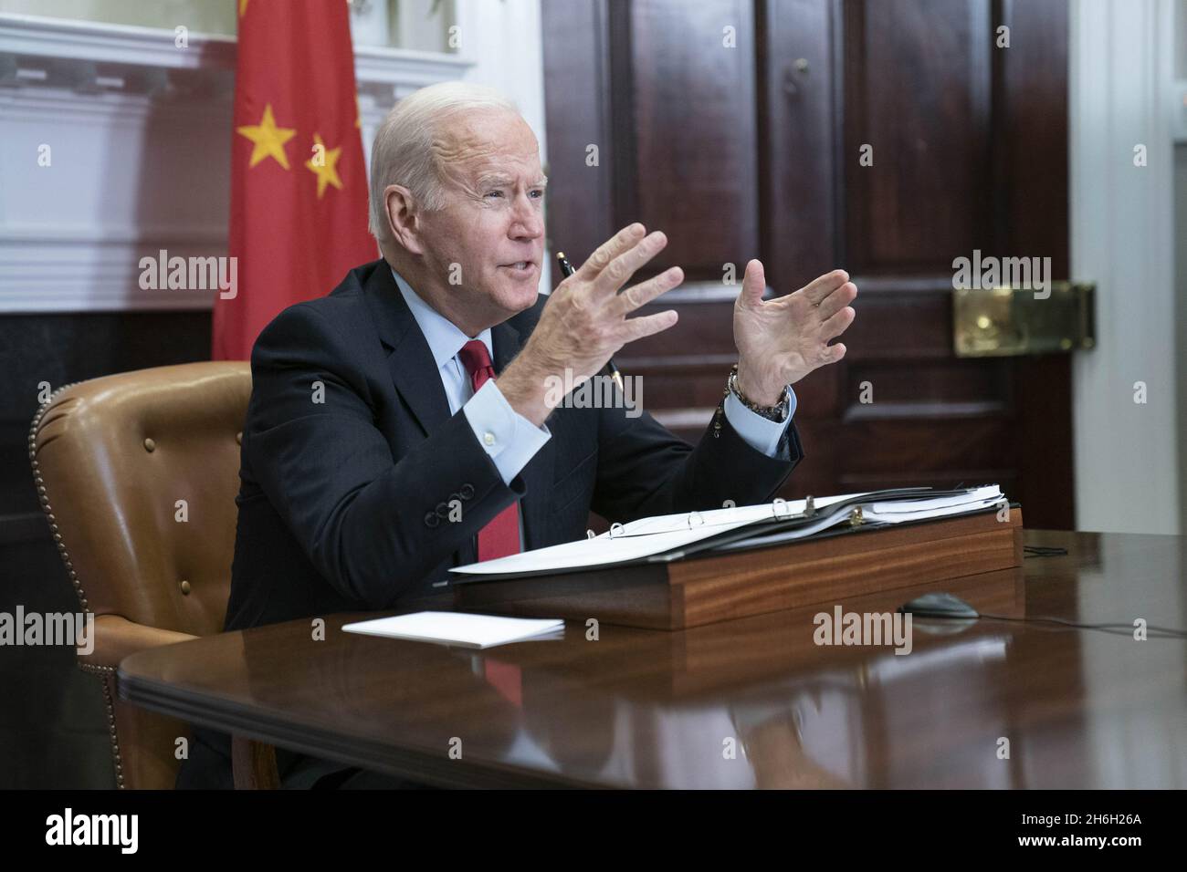 Washington, United States. 15th Nov, 2021. President Joe Biden speaks during a virtual summit with Chinese President Xi Jinping in the Roosevelt Room of the White House in Washington DC on Monday, November 15, 2021. Photo by Sarah Silbiger/UPI Credit: UPI/Alamy Live News Stock Photo