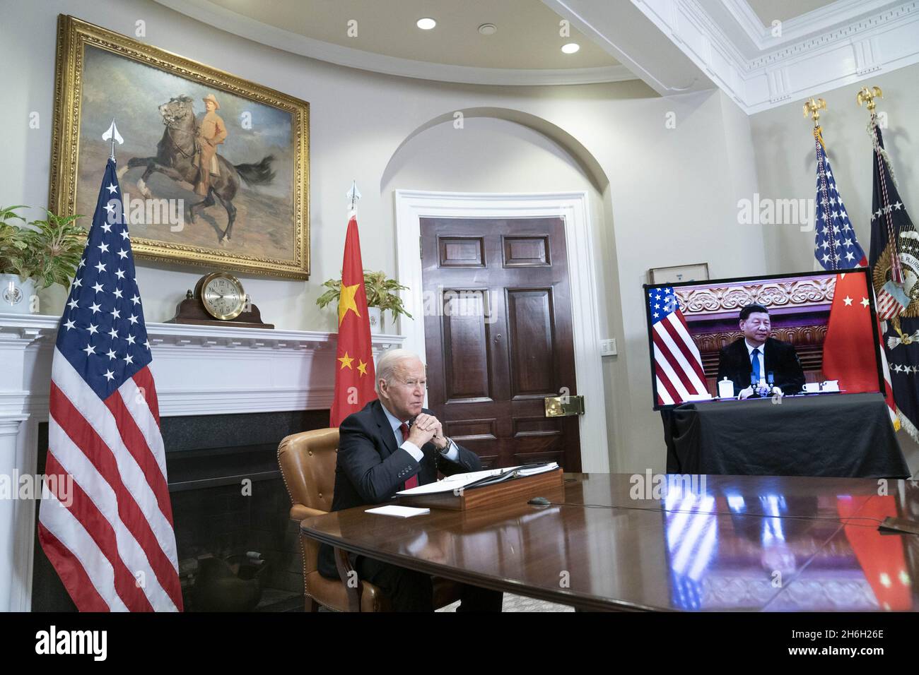Washington, United States. 15th Nov, 2021. President Joe Biden listens during a virtual summit with Chinese President Xi Jinping in the Roosevelt Room of the White House in Washington DC on Monday, November 15, 2021. Photo by Sarah Silbiger/UPI Credit: UPI/Alamy Live News Stock Photo