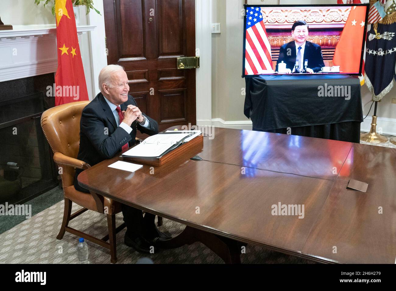 President Joe Biden speaks during a virtual summit with Chinese President Xi Jinping in the Roosevelt Room of the White House in Washington DC on Monday, November 15, 2021. Photo by Sarah Silbiger/Pool/ABACAPRESS.COM Stock Photo