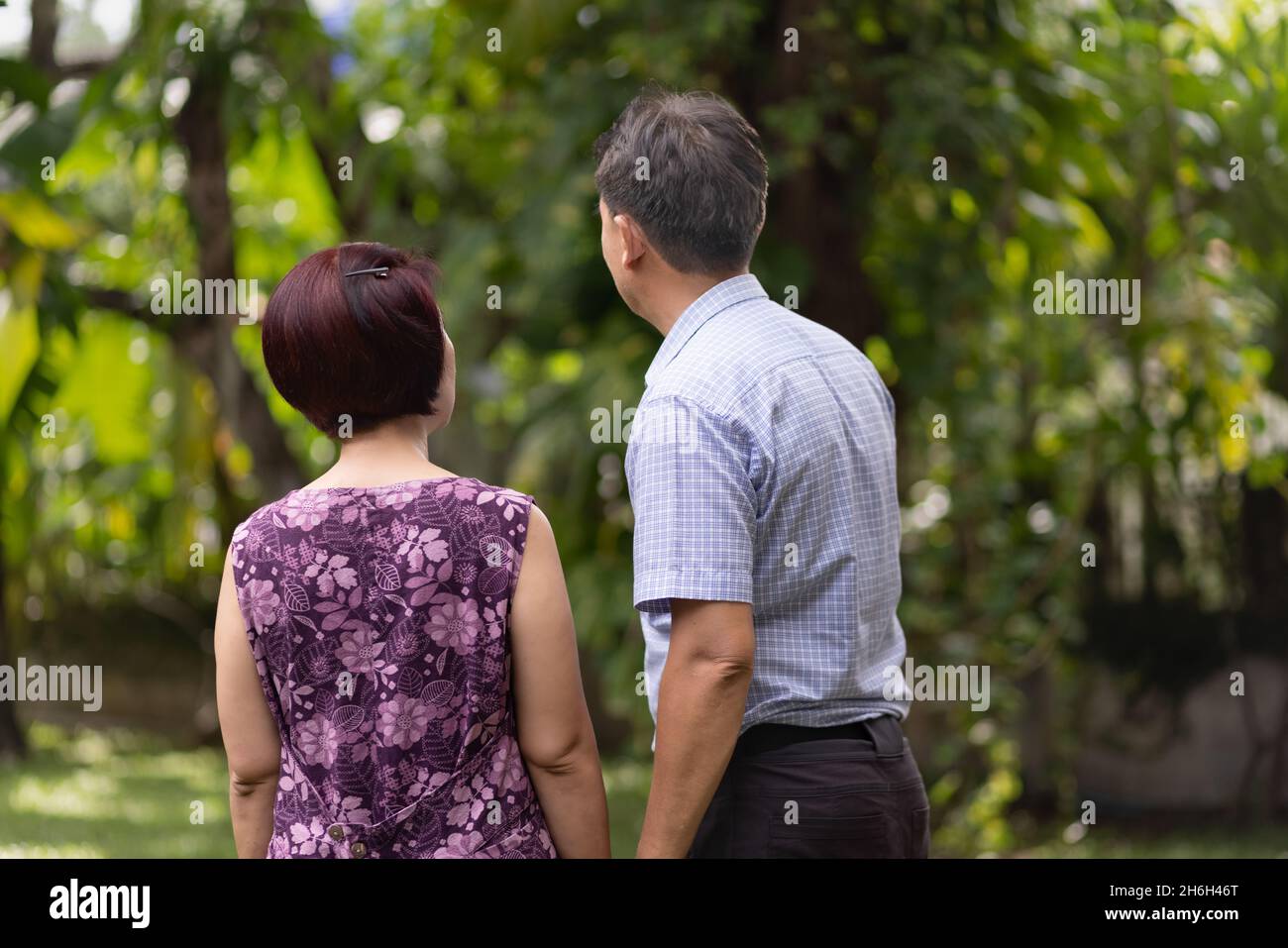 Middle aged couple relaxing in backyard. Stock Photo