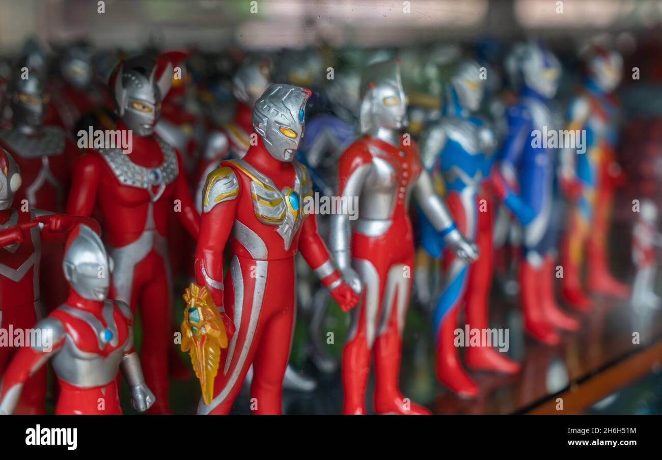 Ratchaburi, Thailand - Oct 30, 2021: The collection vintage various type of Ultraman fictional character figures of Japanese popular series, selected Stock Photo