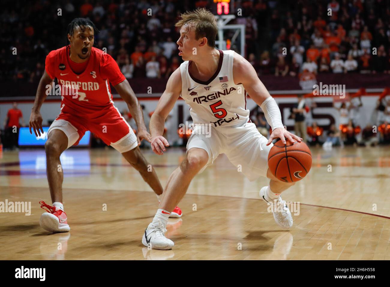 Blacksburg, Virginia, USA. 15th Nov, 2021. Virginia Tech Hokies guard Storm Murphy (5) dribbles during the NCAA basketball game between the Radford Highlanders and the Virginia Tech Hokies at Cassell Coliseum in Blacksburg, Virginia. Greg Atkins/CSM/Alamy Live News Stock Photo