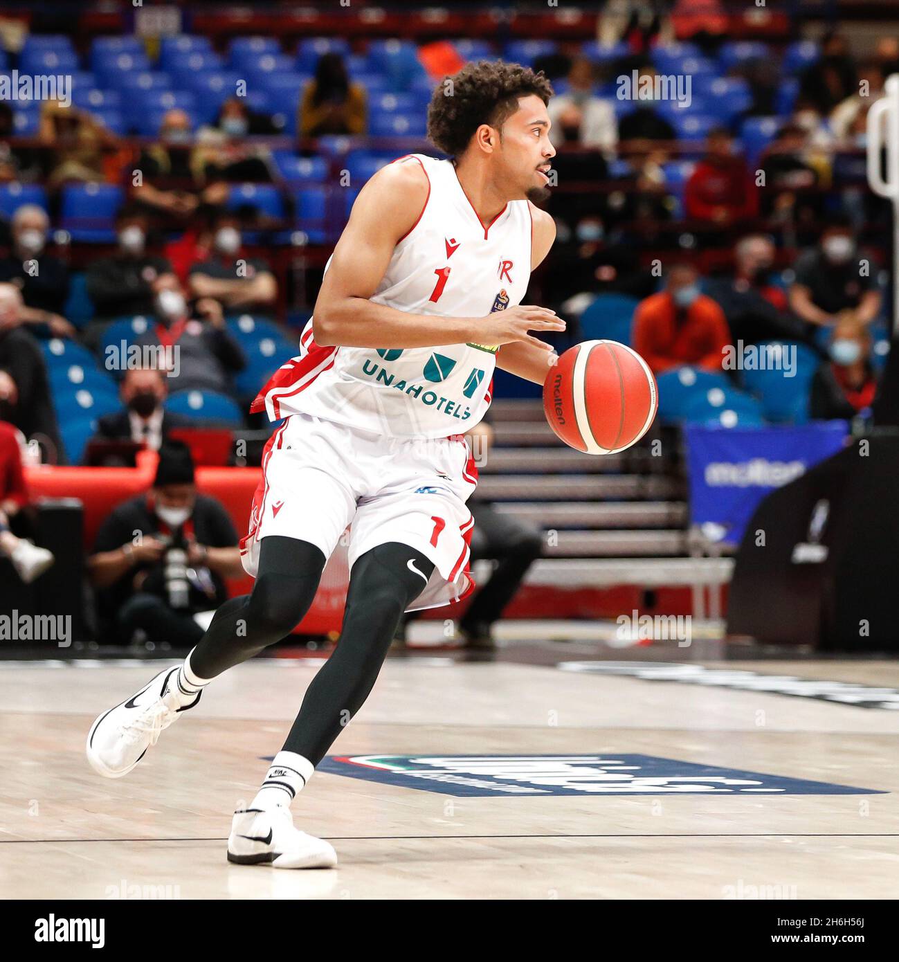 November 14, 2021, Assago (Milano, Italy: Italy, Milan, nov 14 2021:  Stephen Mark Thompson jr (Reggio Emilia guard) dribbles in first quarter  during basketball match AX ARMANI EXCHANGE MILAN vs UNAHOTELS REGGIO