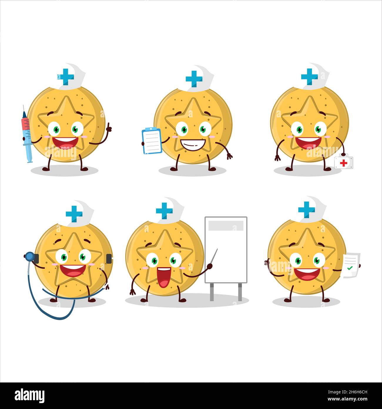 Doctor profession emoticon with dalgona candy star cartoon character. Vector illustration Stock Vector