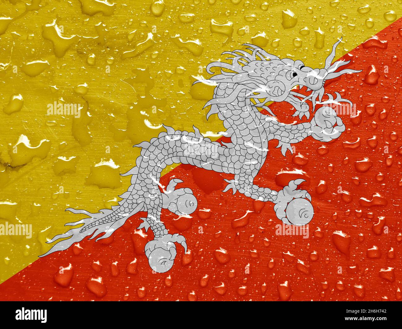 flag of Bhutan with rain drops Stock Photo
