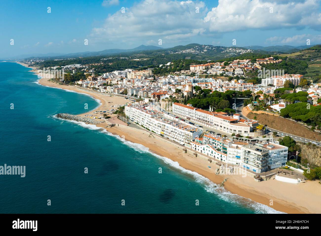 Drone view of the resort town of San Paul de Mar Stock Photo - Alamy