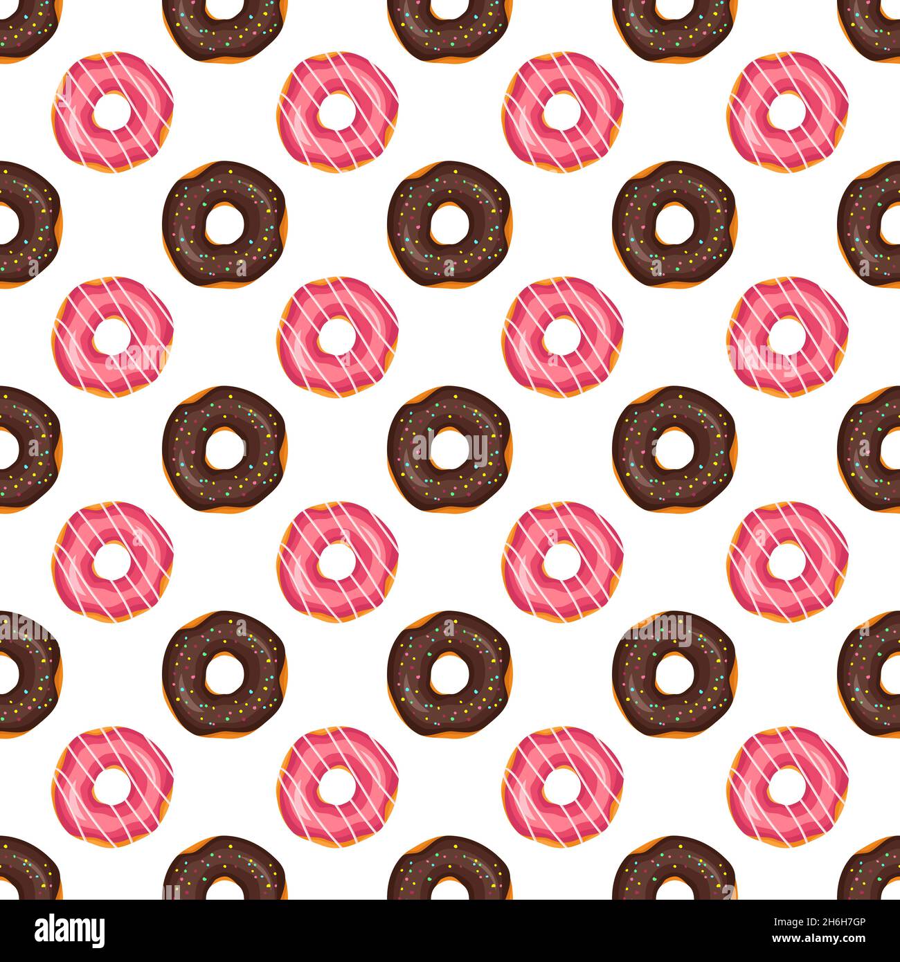 Seamless pattern from glazed donuts. Print from sweet pastries for birthday, holiday and party. Vector flat illustration of dessert and food Stock Vector