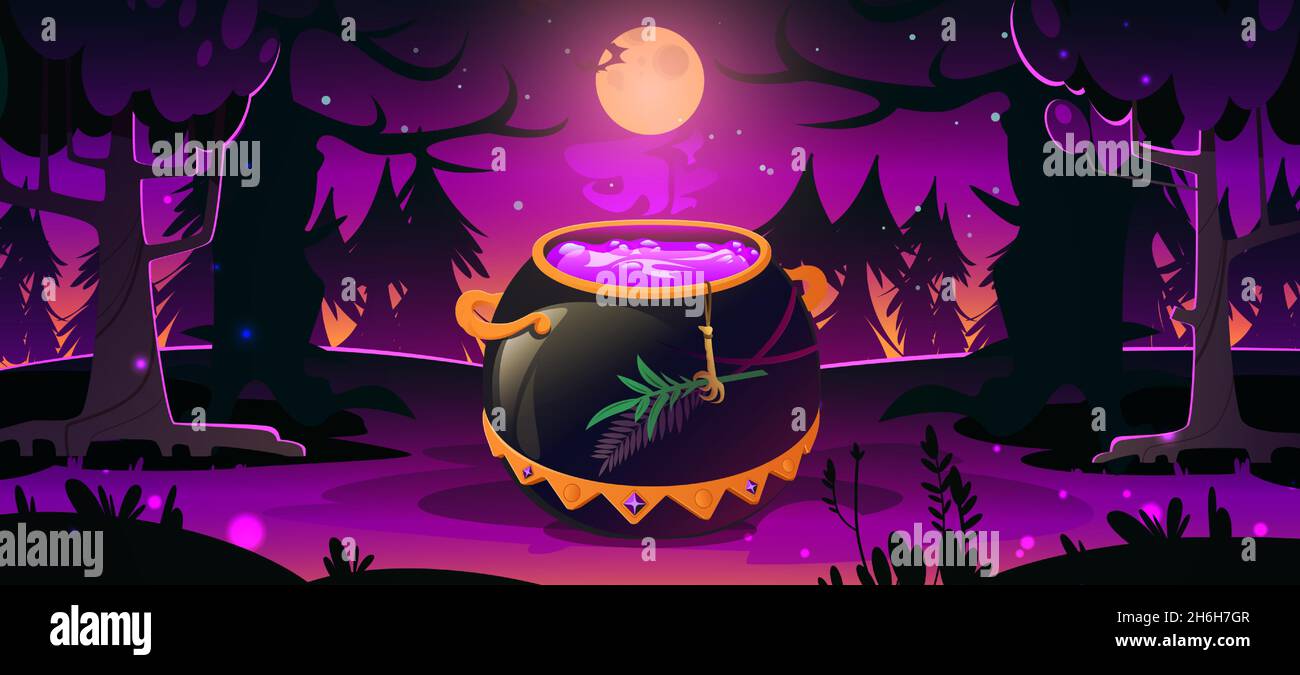 Dark forest with witch cauldron, trees silhouettes, purple light and moon at night. Halloween background with gold cooking boiler with magic potion. Vector cartoon illustration with cauldron in wood Stock Vector