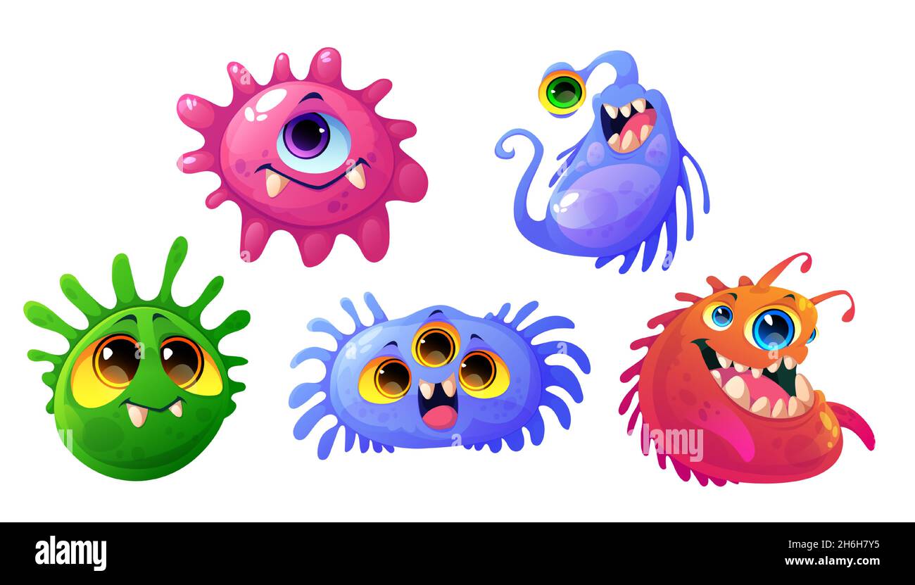 Germs, viruses and bacteria cartoon characters with cute funny faces. Smiling pathogen microbes or monsters with big eyes, colorful cells with teeth and tongues isolated vector illustration, icons set Stock Vector