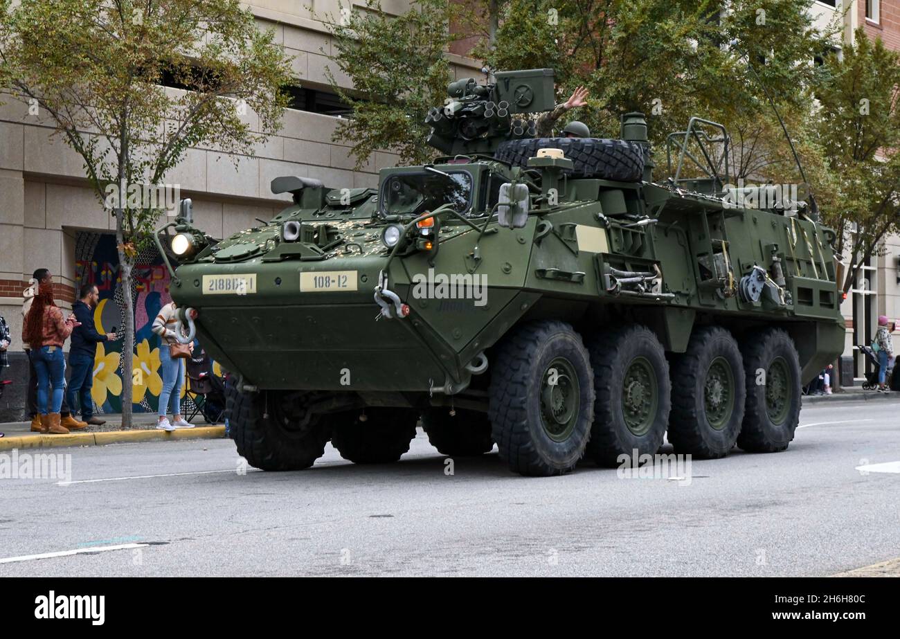 U.S. Army National Guard Soldiers with the 108th Chemical Company participate in the annual Veterans Day parade Nov. 11, 2021 in Columbia, South Carolina, with a Stryker. The South Carolina National Guard is a community-based organization and participates in community events to bring visibility to the Soldiers, Airmen, and capabilities of the organization. (U.S. Army National Guard photo by Sgt. Tim Andrews) Stock Photo