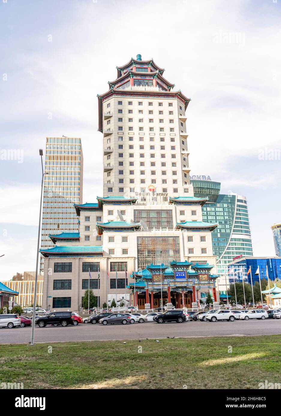 Beijing Palace Soluxe Hotel Astana, upscale hotel in a high-rise, pagoda-inspired building in Nur-Sultan, Kazakhstan, Central Asia Stock Photo