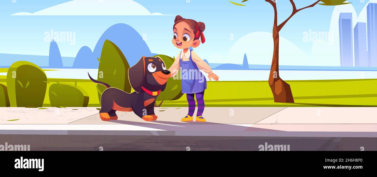 Little girl caress cute dachshund dog at city street or parkland area with trees and cityscape background. Child with pet, walk with domestic animal, cartoon funny characters, Vector Illustration Stock Vector