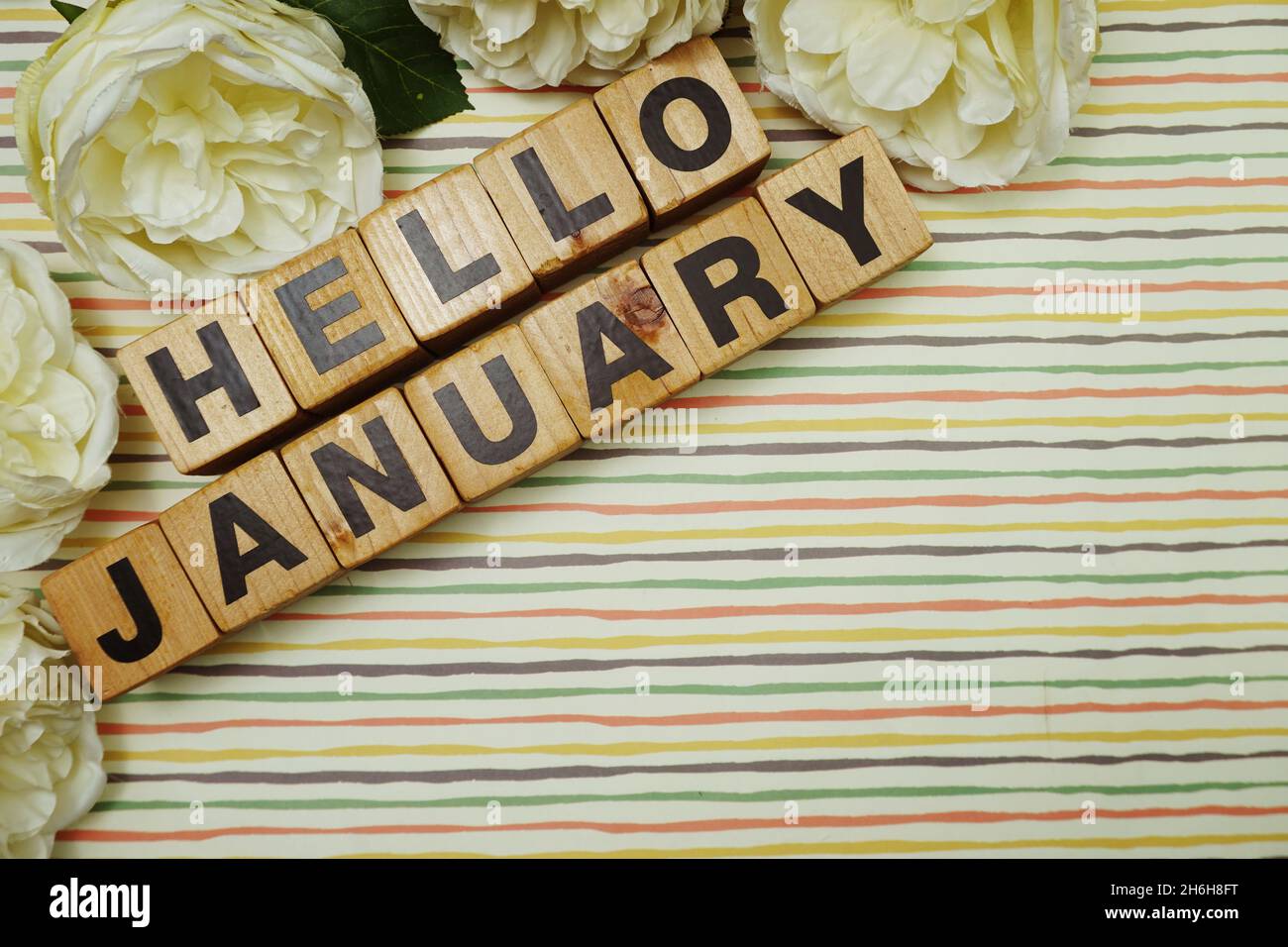 Hello January alphabet letters on colorful stripes background Stock ...