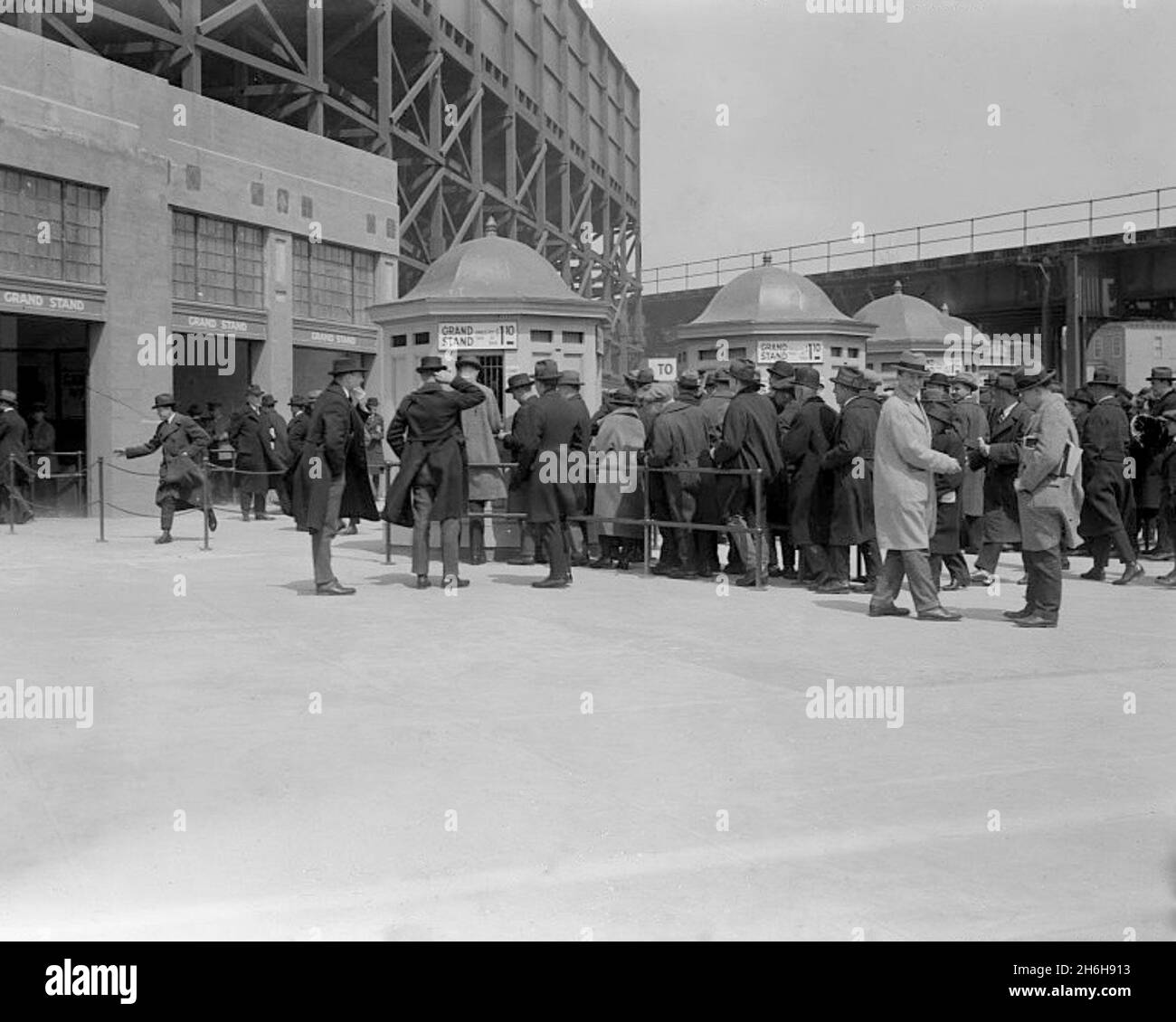 Fans at ticket booths, right field grandstand, Yankee Stadium, New York, 1923. Stock Photo