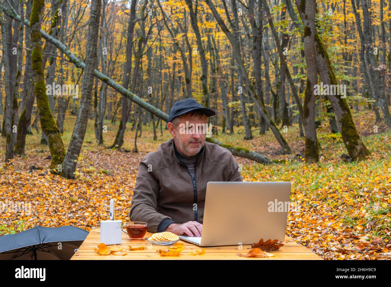 Man works at laptop in autumn forest Stock Photo