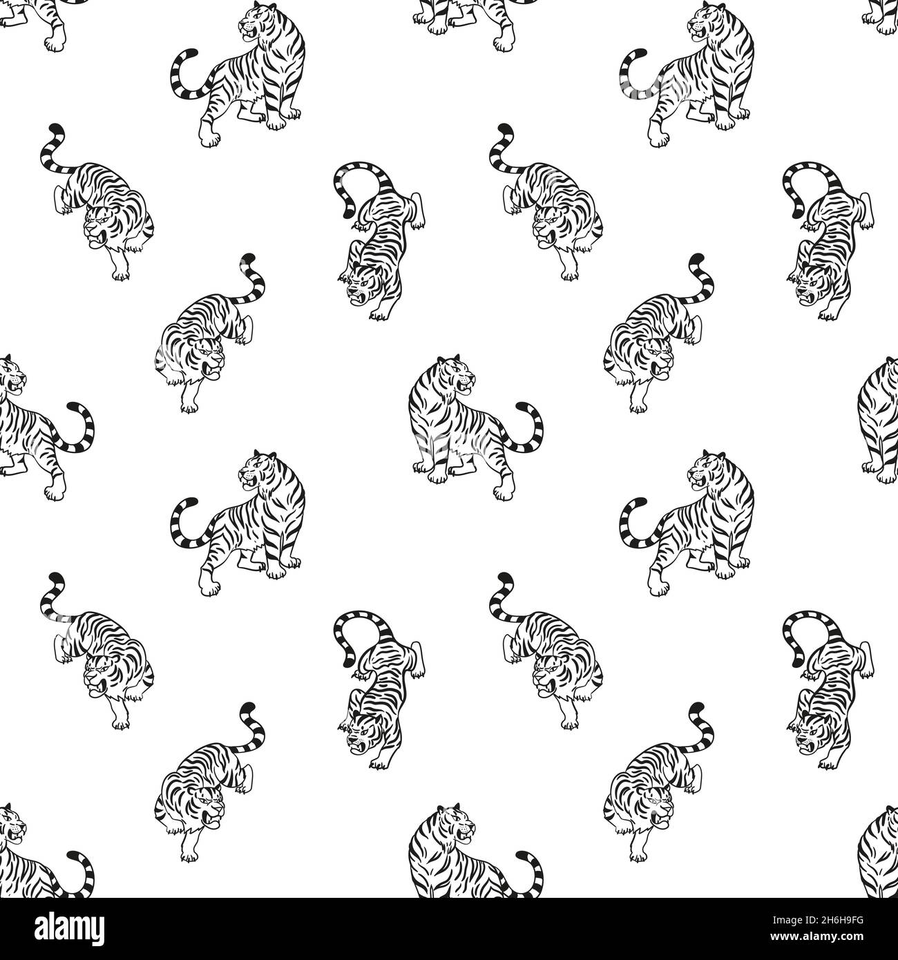Seamless pattern with graphic tigers. Black and white predatory wild cats. Print for fabric, clothing, wrapping paper, wallpaper, textile Stock Vector