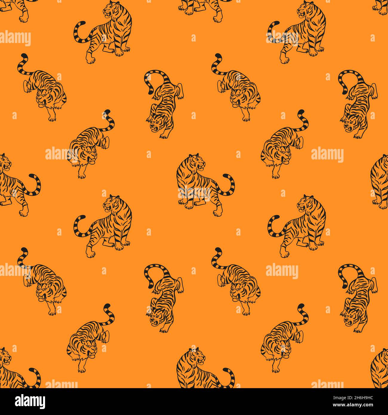 Seamless pattern with graphic tigers. Black and orange predatory wild cats. Vector Print for fabric, clothing, wrapping paper, wallpaper, textile Stock Vector