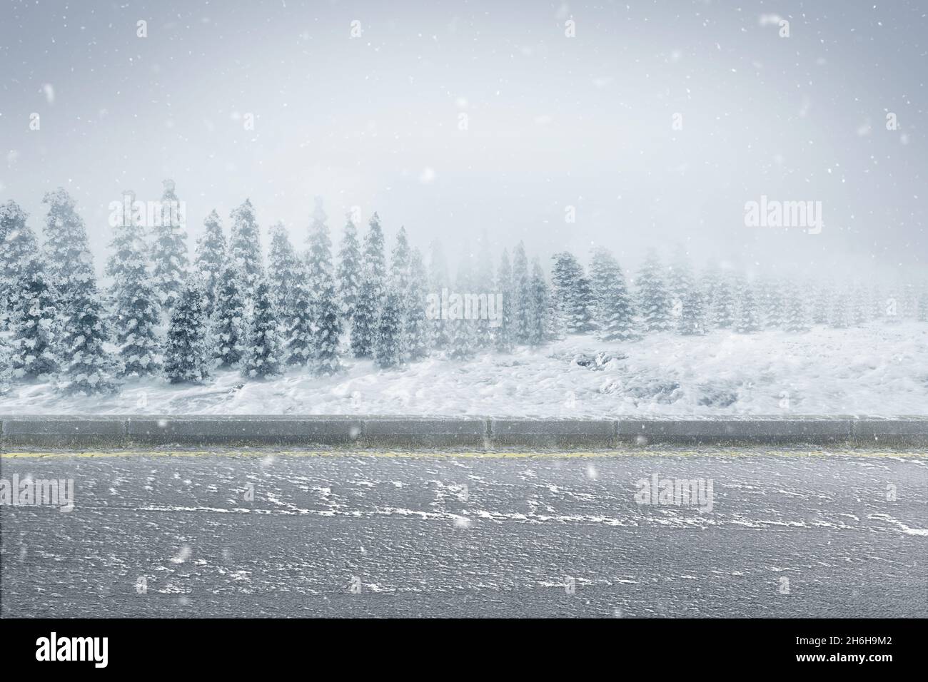 Empty road with snowy trees and snowfall background Stock Photo - Alamy