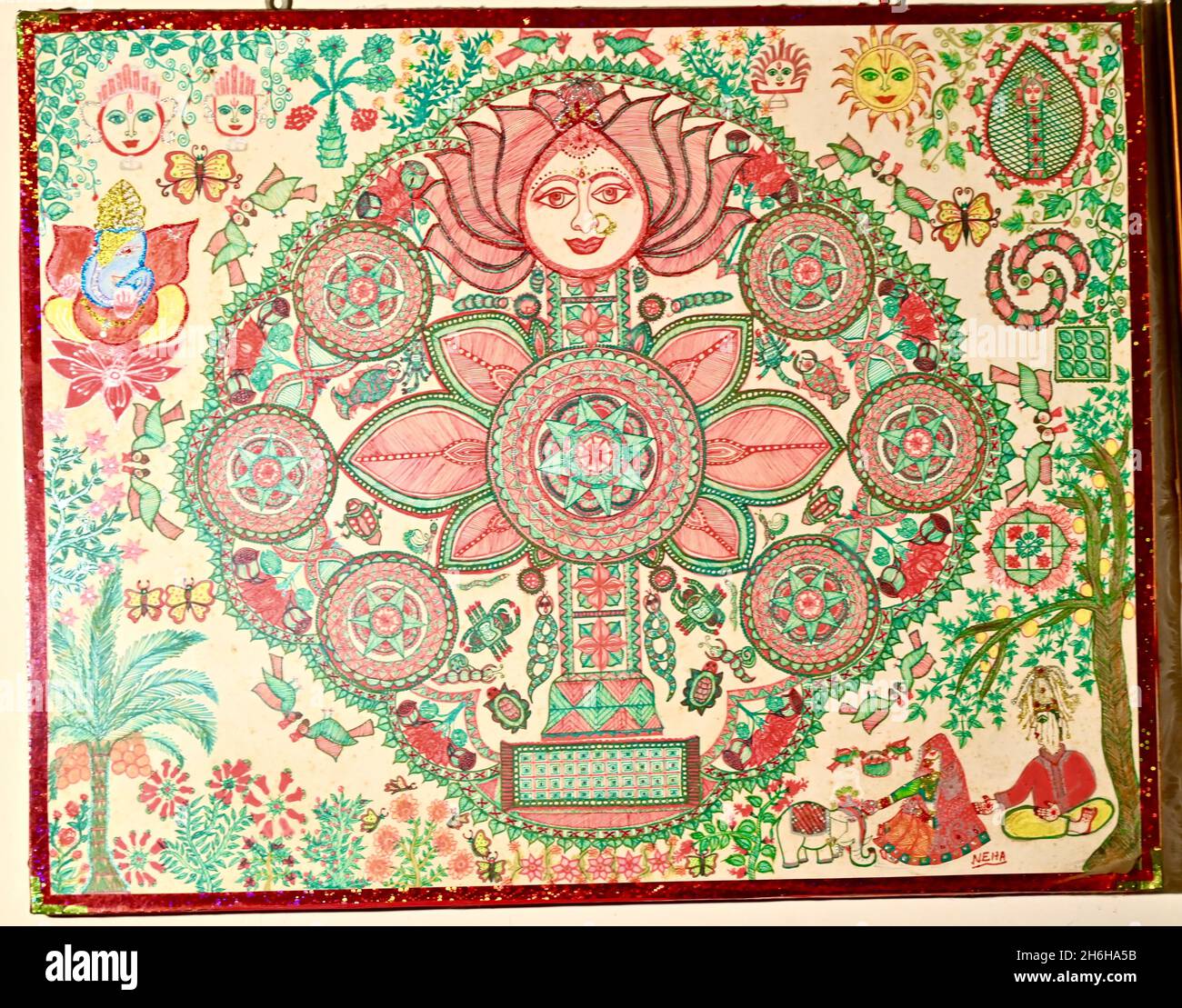 JAMSHEDPUR, INDIA - Oct 15, 2021: The Mithila ritual painting for weddings in Jamshedpur, India. Stock Photo