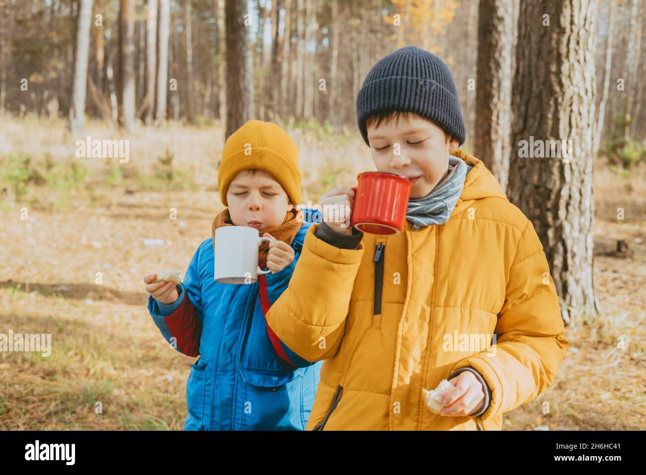 Children drink hot chocolate from cups in the forest. boys in a jacket are holding hot cocoa. A cozy photo with a mug in hand, on the street. Stock Photo
