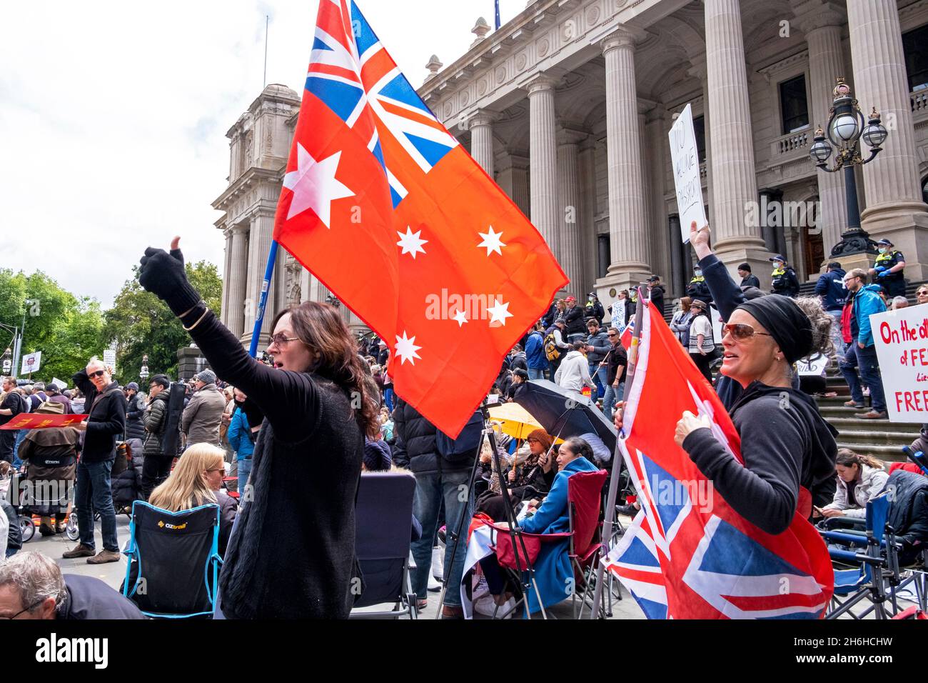Protestors in front of parliament house, complain about the government's proposed pandemic laws. Melbourne, Victoria Australia Stock Photo
